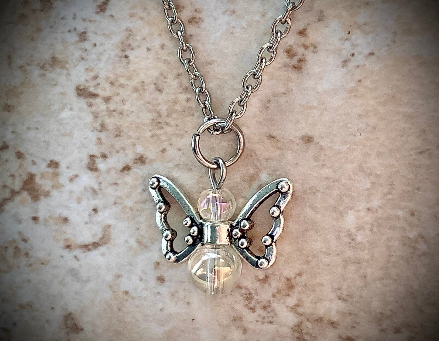 Butterfly Angel Pendant Necklace, Stainless Steel Chain, Hypoallergenic chain, Memory Necklace, Spring Jewelry, Butterfly Charm Necklace