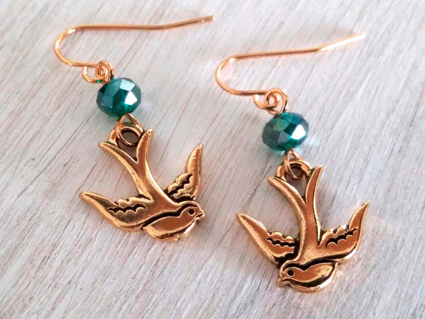 Swallow Earrings, Golden Flying Swallow Dangle Earrings, Flying Bird Earrings, Bluebird, Vintage Wedding, Teal, Unique Bridesmaid Earrings