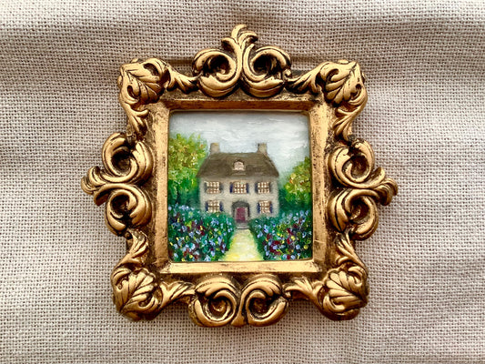 Vintage cottage garden art in charming ornate gold baroque style frame miniature art