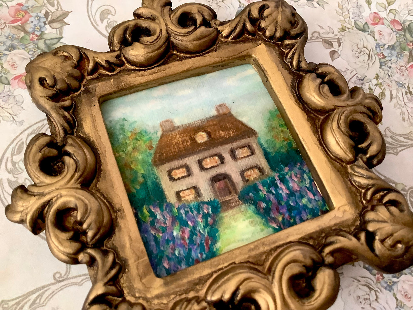 Vintage cottage garden art in charming ornate gold baroque style frame miniature art