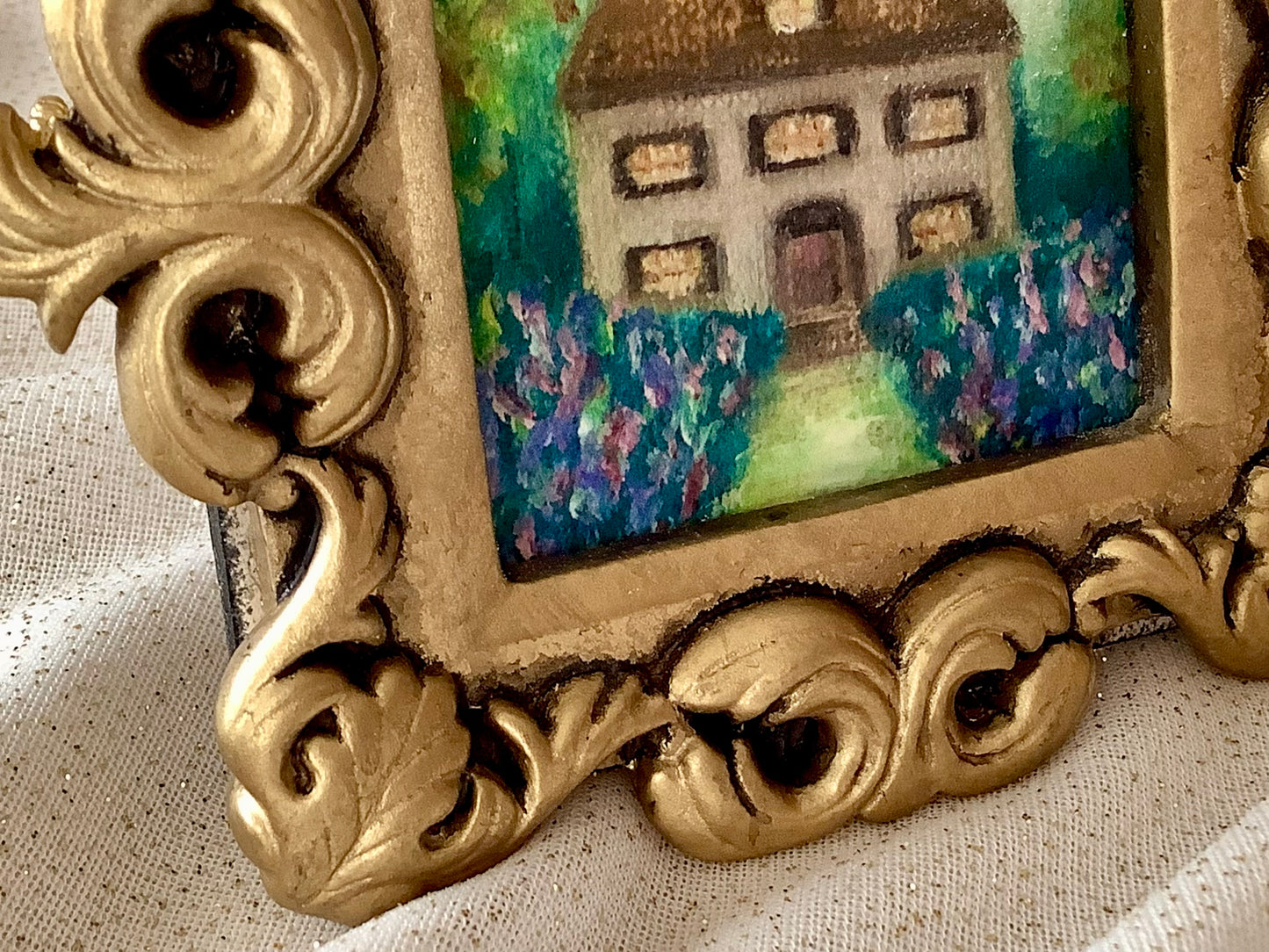 Vintage cottage garden art in charming ornate gold baroque style frame miniature art