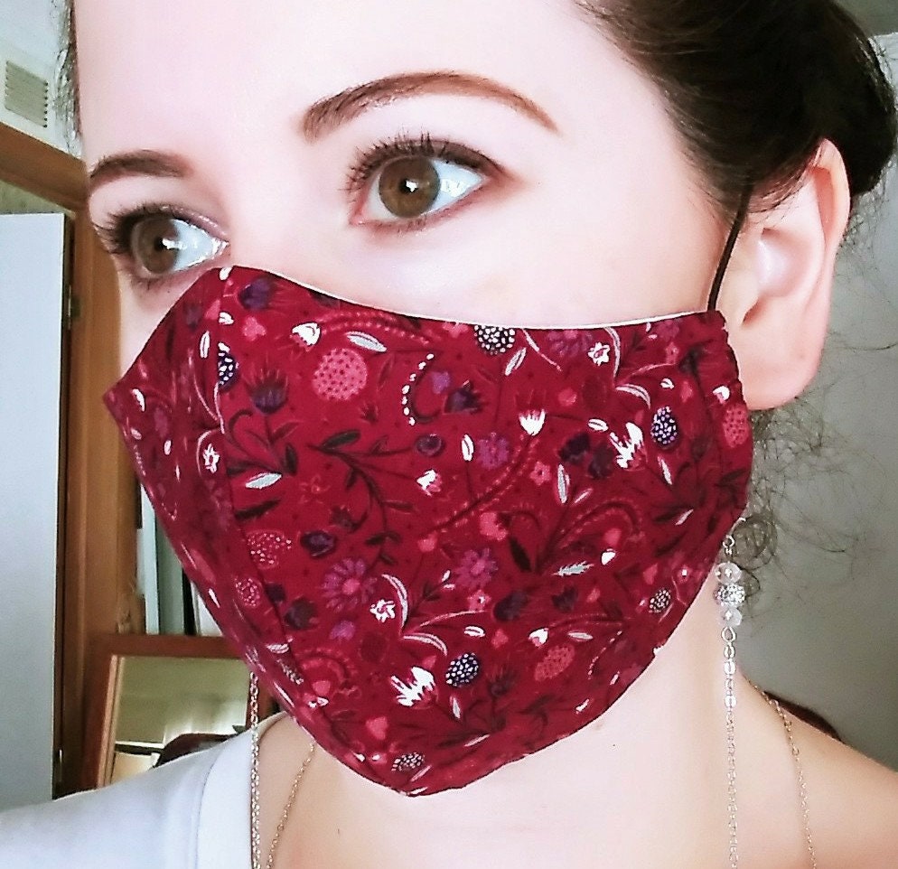 MASK and CHAIN set, Floral Face Mask with Necklace Style Holder, Ladies, Adult Size, 100% Cotton, Made in the USA, Burgundy, Maroon