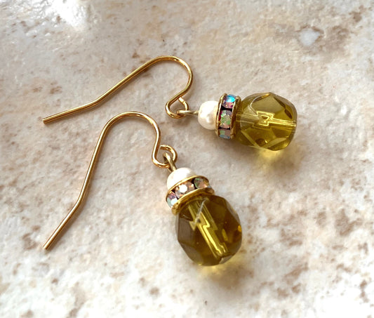 Golden Olivine Earrings, Green Gold, Earth Green, w/ Tiny Pearls, Ab Rhinestone, earrings for blue, black, brown, green, hazel colored eyes