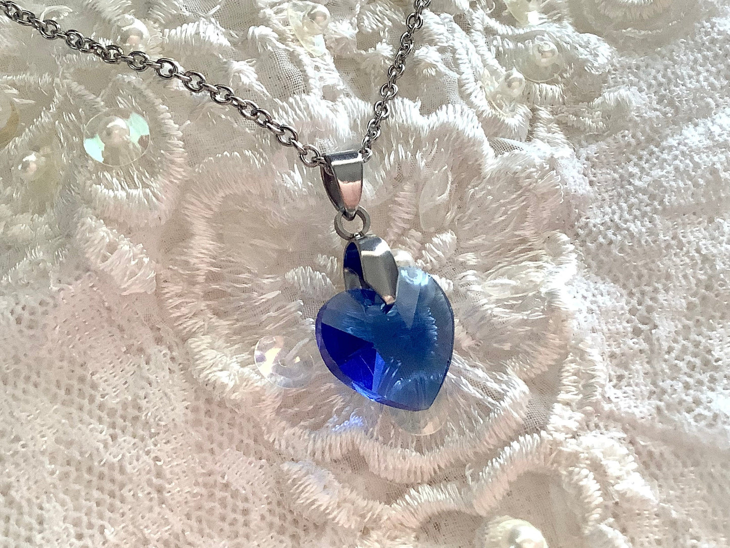 Blue Heart Crystal Necklace, Sapphire Colored Crystal Pendant Necklace, Necklace for Bride, Something Blue, Birthstone Jewelry, Blue Pendant