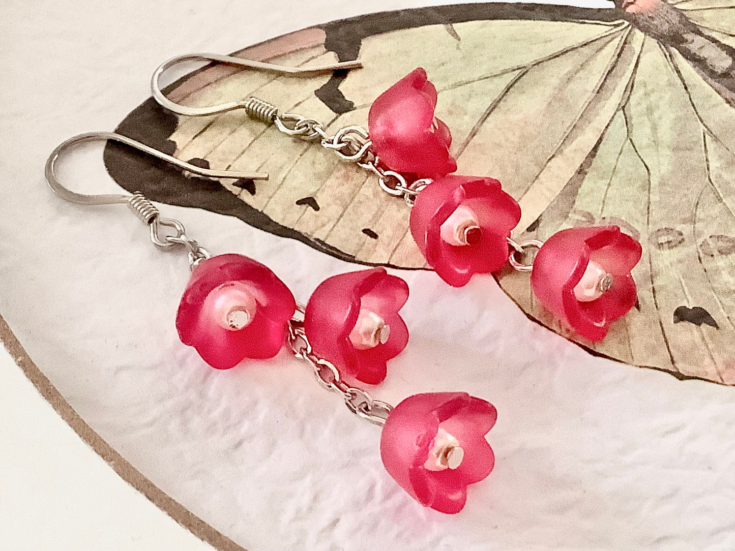 Lucite Flower Earrings, Deep Rich Rosey Pink Lily of the Valley Flower Earrings, Boho Dangle Vintage Style Earrings, Mothers Day Gift