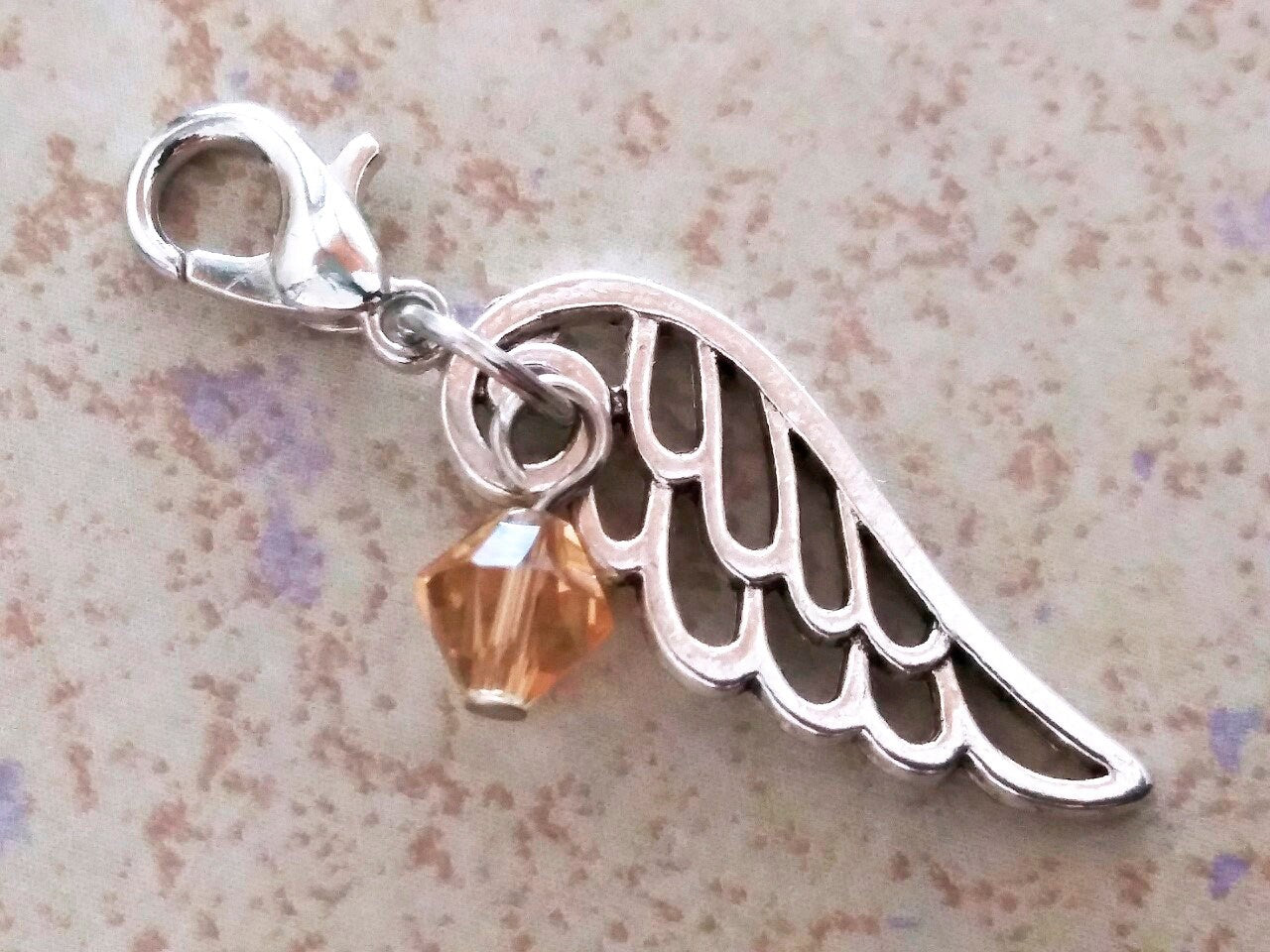 NOVEMBER Birthstone Angel Wing Charm with Clip on Lobster Clasp for Bracelet-Tibetan Silver Wing Citrine/Topaz colored Crystals, Memory Gift