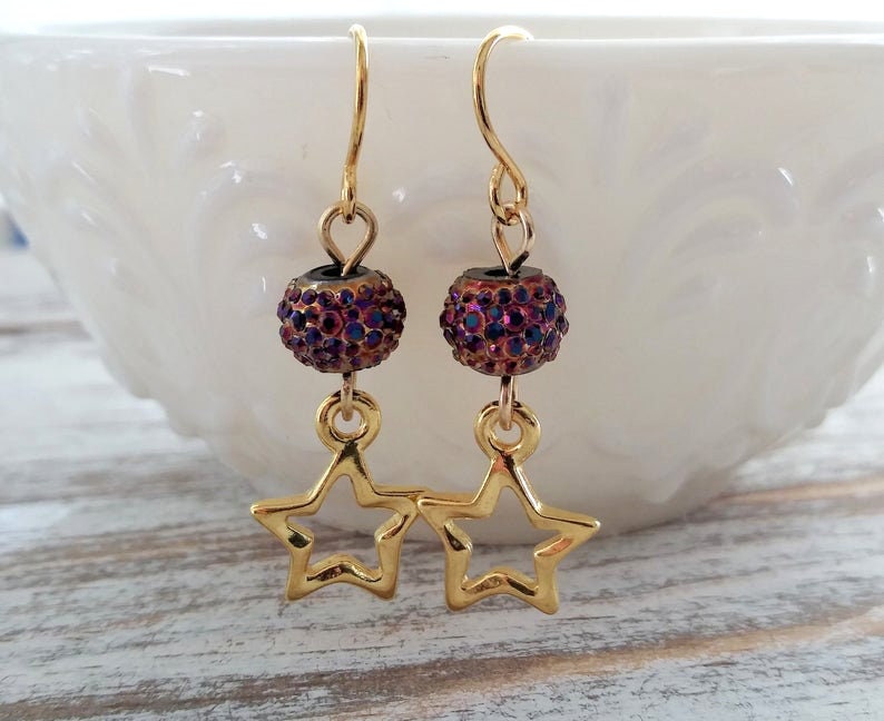 Star Earrings / Gold Plated Steel Hooks / Pave Look Beads