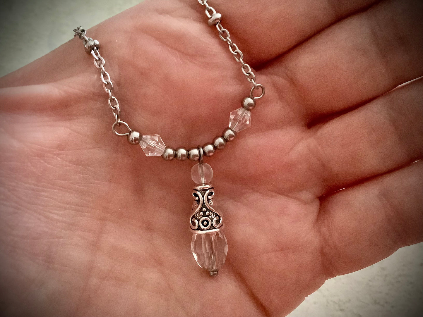 Crystal pendant necklace, teardrop pendant necklace, antique silver and stainless steel, Elven jewelry, magical necklace, Celtic jewelry