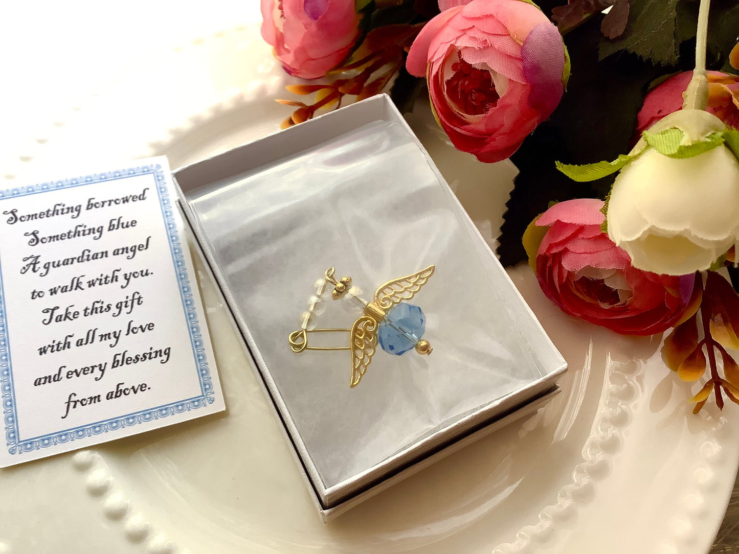 An Angel for the Bride Gift, Something Blue, Wedding Bouquet Charm w/Card, Remembrance Angel, Glass Crystal Beads, Gold or Silver