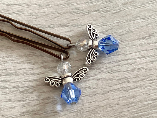 2 pc. ladies blue crystal  bobby-pin Angels, Tiny Angel for hair, formal or everyday hair pin, decorative hair accessories, pretty hair pins