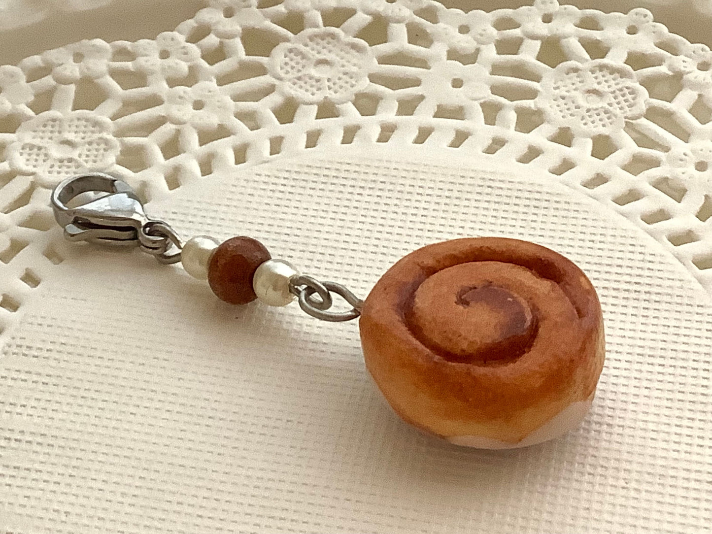 Cinnamon bun charm, realistic cinnamon roll with buttercream icing, sweet roll danish charm, polymer clay food charm, baker gift, tiny food