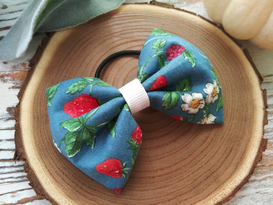 Girls Blue Hair Bow - Berries - Pony Tail Elastic - Pony Tail Bow - Hair Bows - Braids - Woodland Hair Tie -Handmade - Girls - Bands