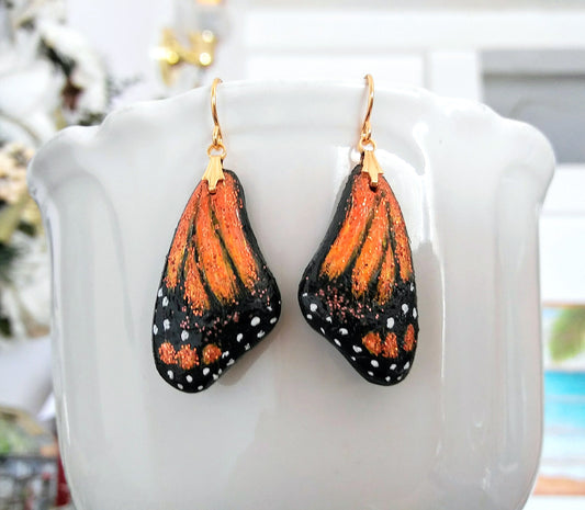 Monarch Earrings Butterfly Wing Earrings Hand Painted Polymer Earrings Butterfly Wing Jewelry Gold Plated Steel Wires Gift Boxed with Card