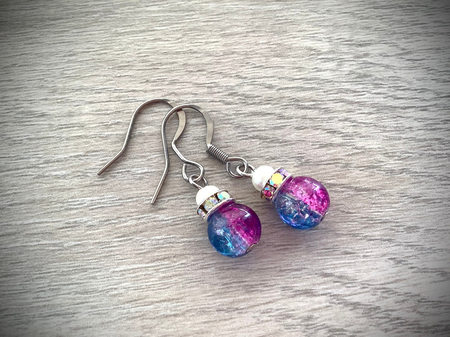 Magenta Blue Crackle Glass Colorful Ball Drop Earrings with Stainless Steel Hooks, Mystical, Magical Earrings