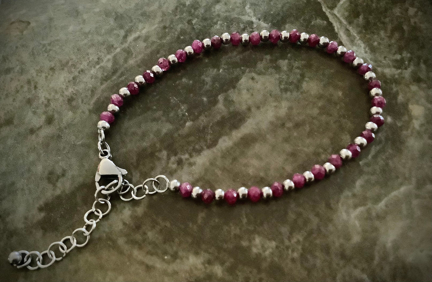 Natural Ruby Beaded Bracelet, Stainless Steel adjustable genuine Ruby precious gemstone bracelet, minimalist fuchsia ruby bracelet,rare gems