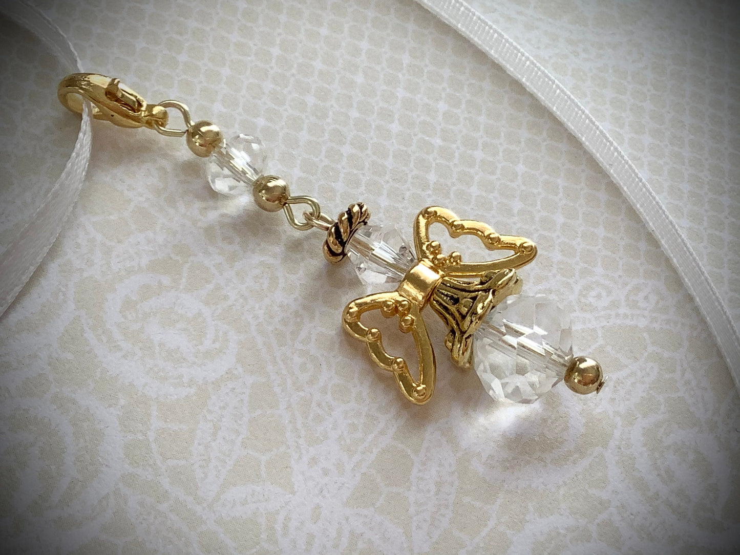 Angel on Ribbon for tying to wedding bouquets, memorial bouquets, clear glass crystal angel, gold angel charm, sun catcher charm for car