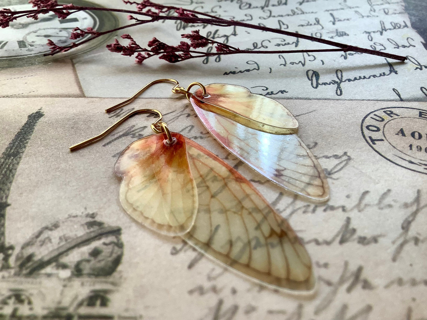 Magical Wood Nymph Fairy wing earrings, Halloween Costume, Fall earrings, Cosplay Fantasy, semi transparent realistic looking wing earrings