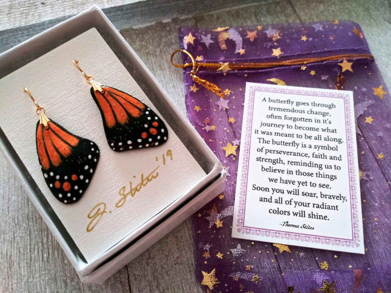 Monarch Earrings Butterfly Wing Earrings Hand Painted Polymer Earrings Butterfly Wing Jewelry Gold Plated Steel Wires Gift Boxed with Card