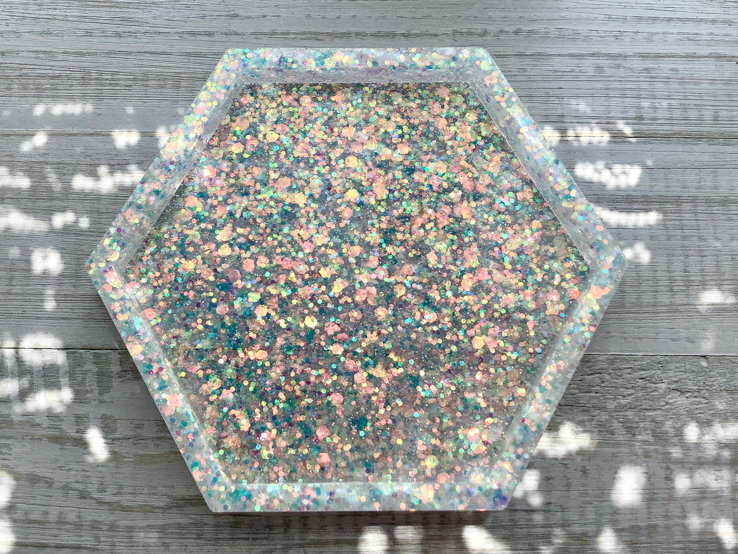 Glittered resin ring dish, decorative geometric dish, hexagon shaped dish, Aurora Borealis glitter