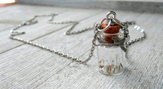 dandelion wish necklace - Dandelion Seed Necklace -bottle necklace -tiny jar - Glass Vial Detachable Removable Cork Lid Refillable Saying