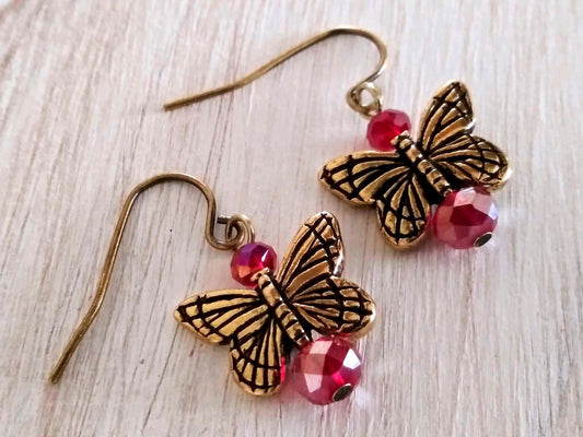 Ruby Glass Butterfly Angel Earrings 22 Kt Gold Plated Charms Handmade in the USA, Monarch Earrings, Gold Butterfly Earrings, July Birthstone