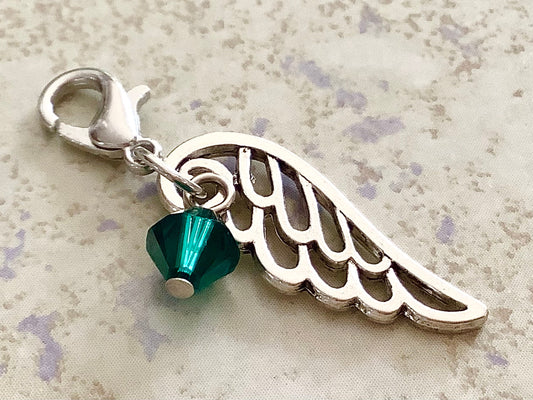 MAY Birthstone Angel Wing Charm with Clip on Lobster Clasp for Bracelet-Tibetan Silver Wing Green  Glass Emerald colored Crystal, Memory