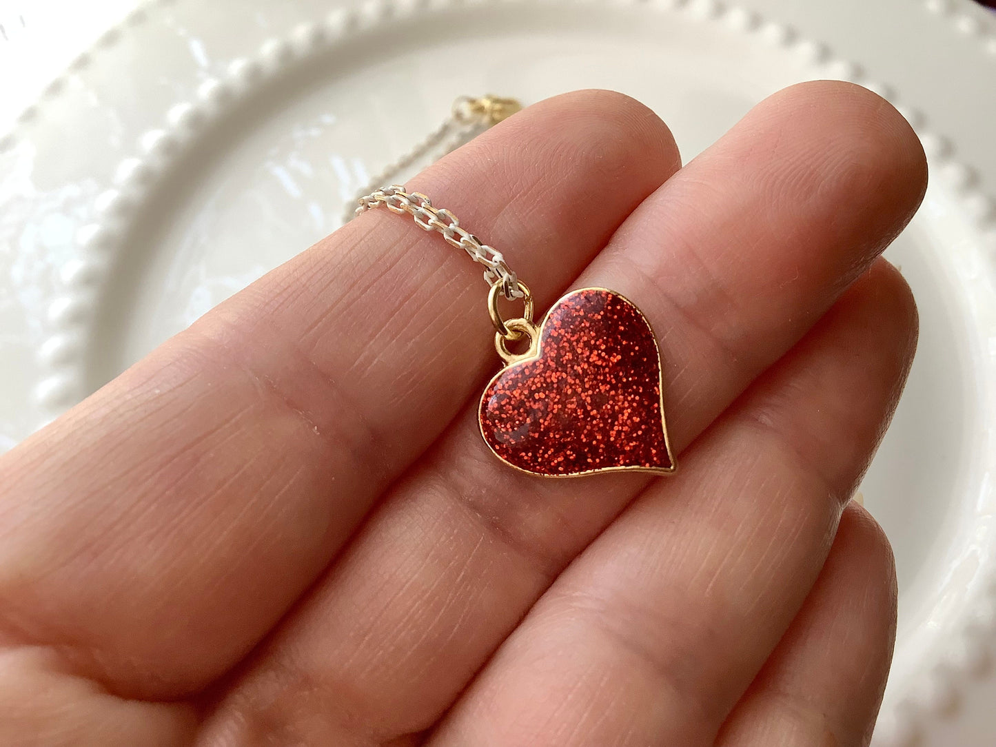 Heart necklace, red glittered enamel heart pendant necklace, sweetheart gift for her, trending jewelry for her, daughter gift, I love you