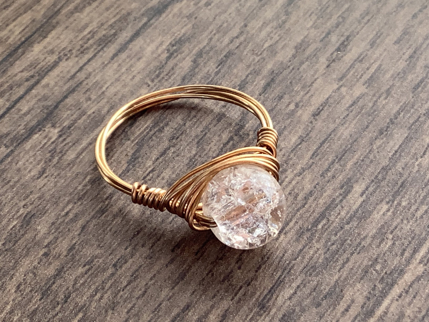 Crystal Ring - Dainty Crackle Glass Crystal Wire Wrapped Ring Gold Tarnish Resistant Brass Wire - Delicate Crystal Ring