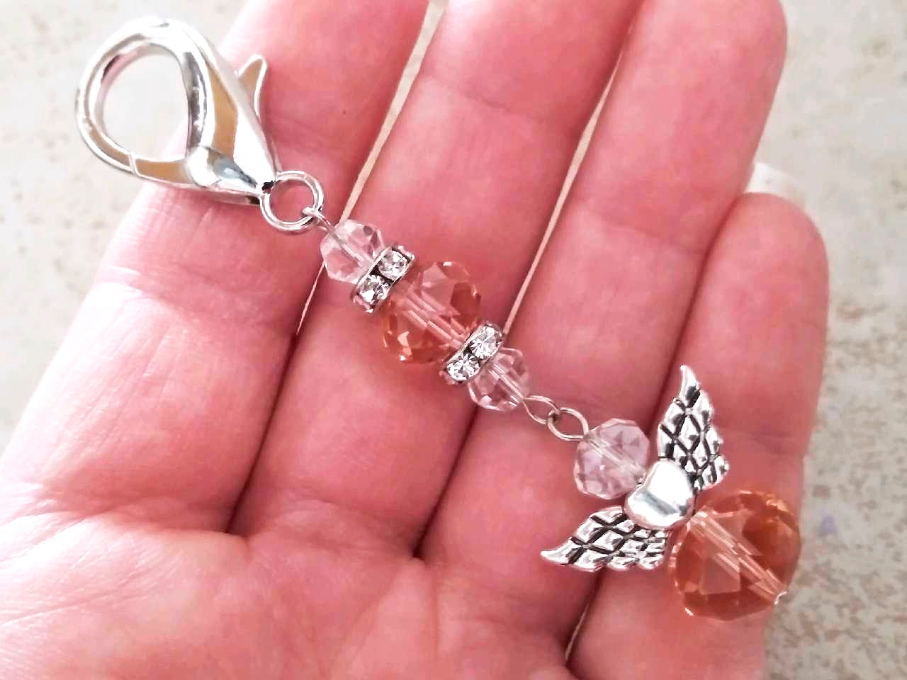 Guardian Angel Purse Charm with Clasp Claw, Peach & Clear Glass Beads, Beaded Angel, BFF Gifts, Teachers, Faith, Nurse Gifts, Bus Driver