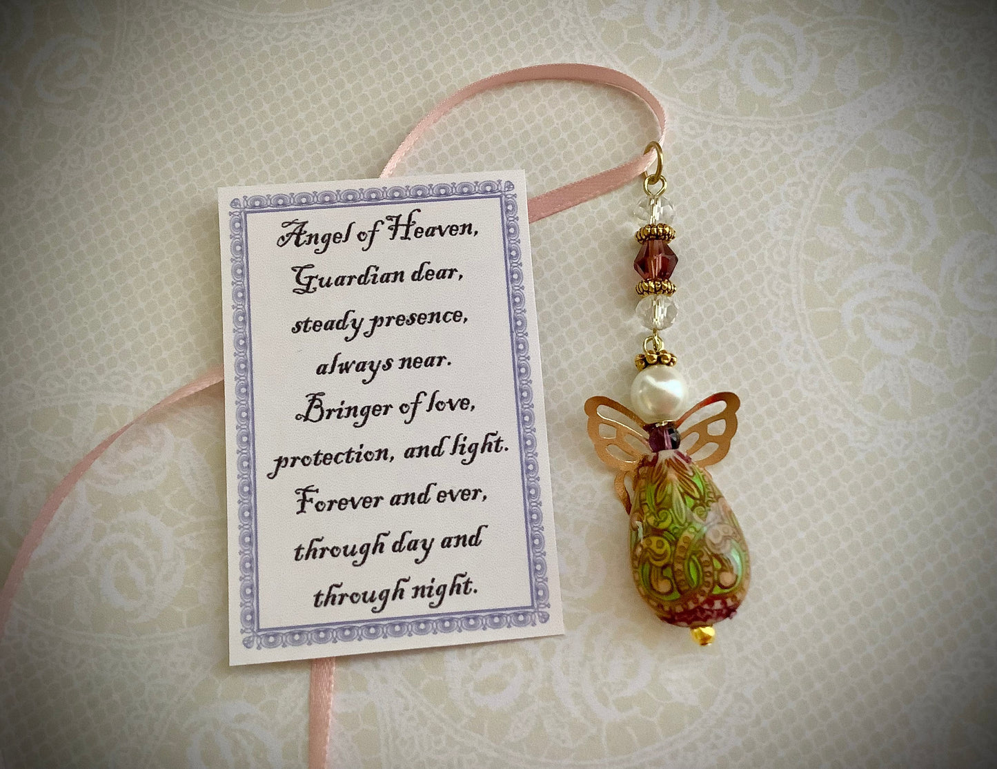 Angel charm on ribbon for car, hanging angel charm gift for her, color changing beaded angel, butterfly angel bouquet charm, angel ornament