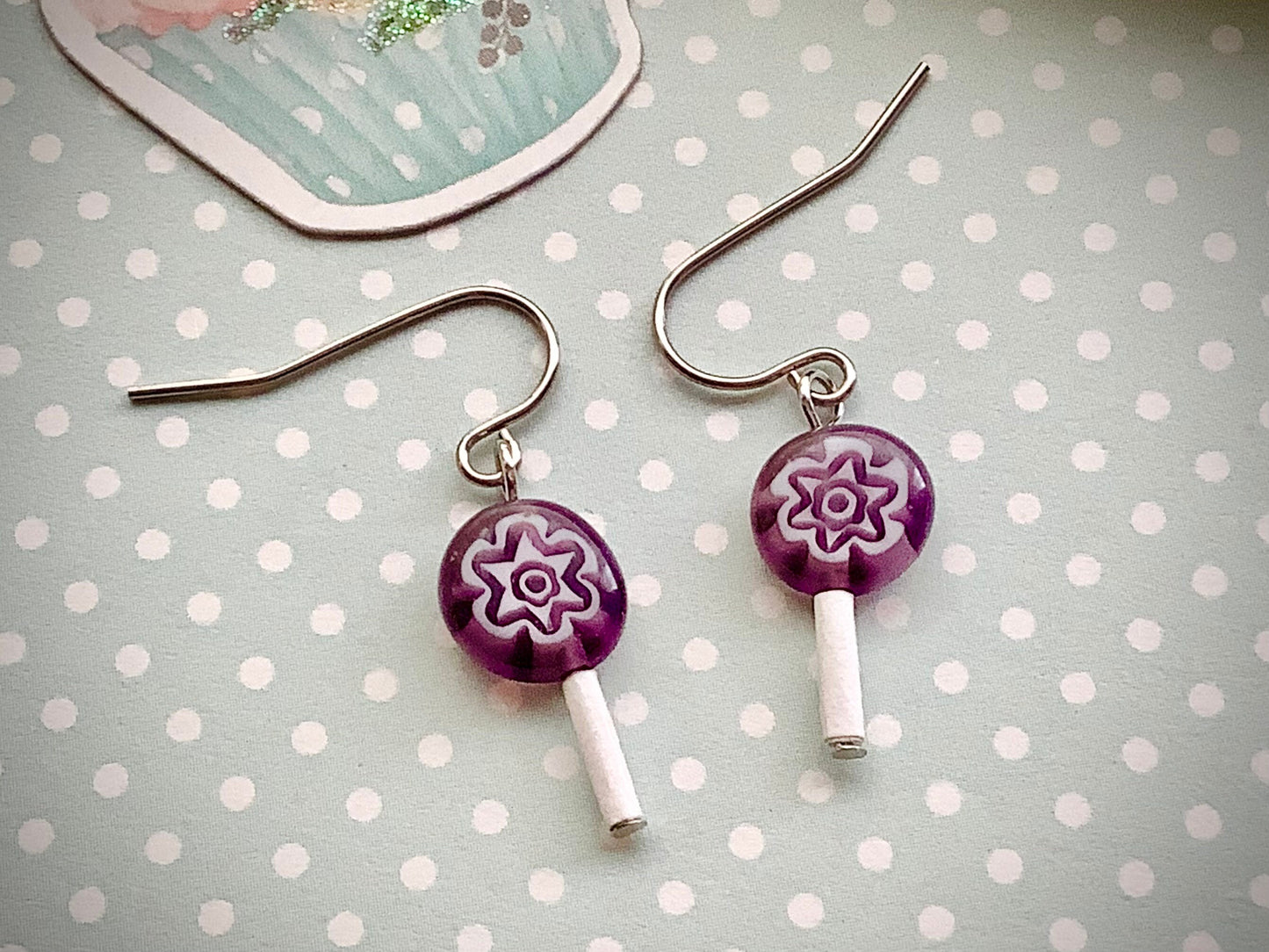 Grape lollipop earrings, grapes and cream sucker earrings, cute miniature food treat sweets earrings, candy earrings