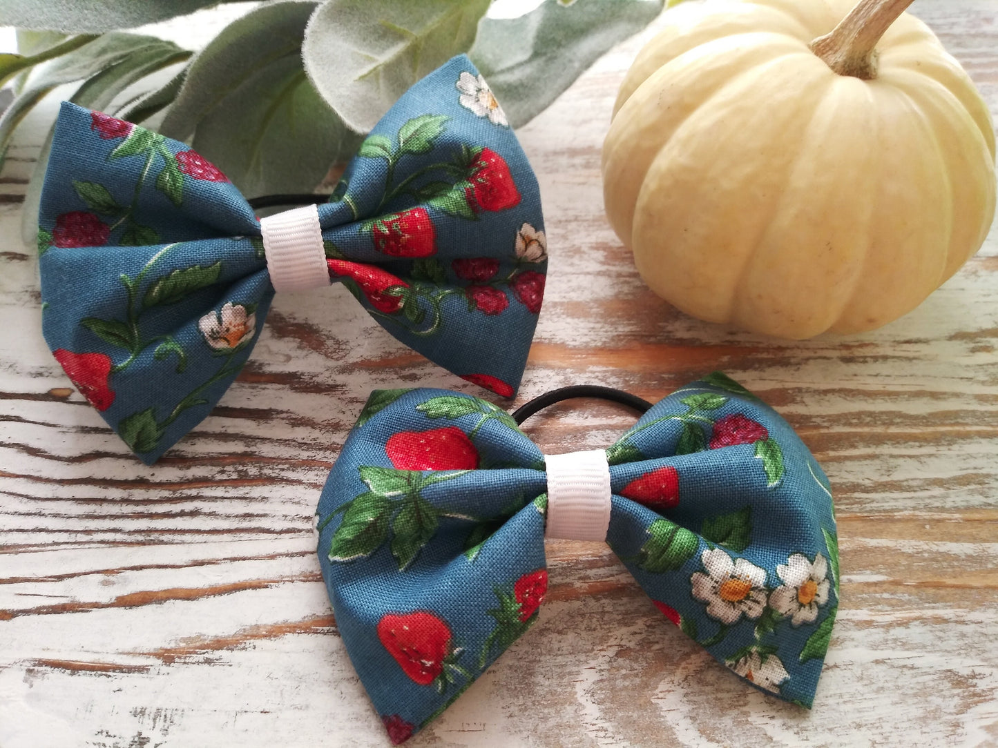 Girls Blue Hair Bow - Berries - Pony Tail Elastic - Pony Tail Bow - Hair Bows - Braids - Woodland Hair Tie -Handmade - Girls - Bands