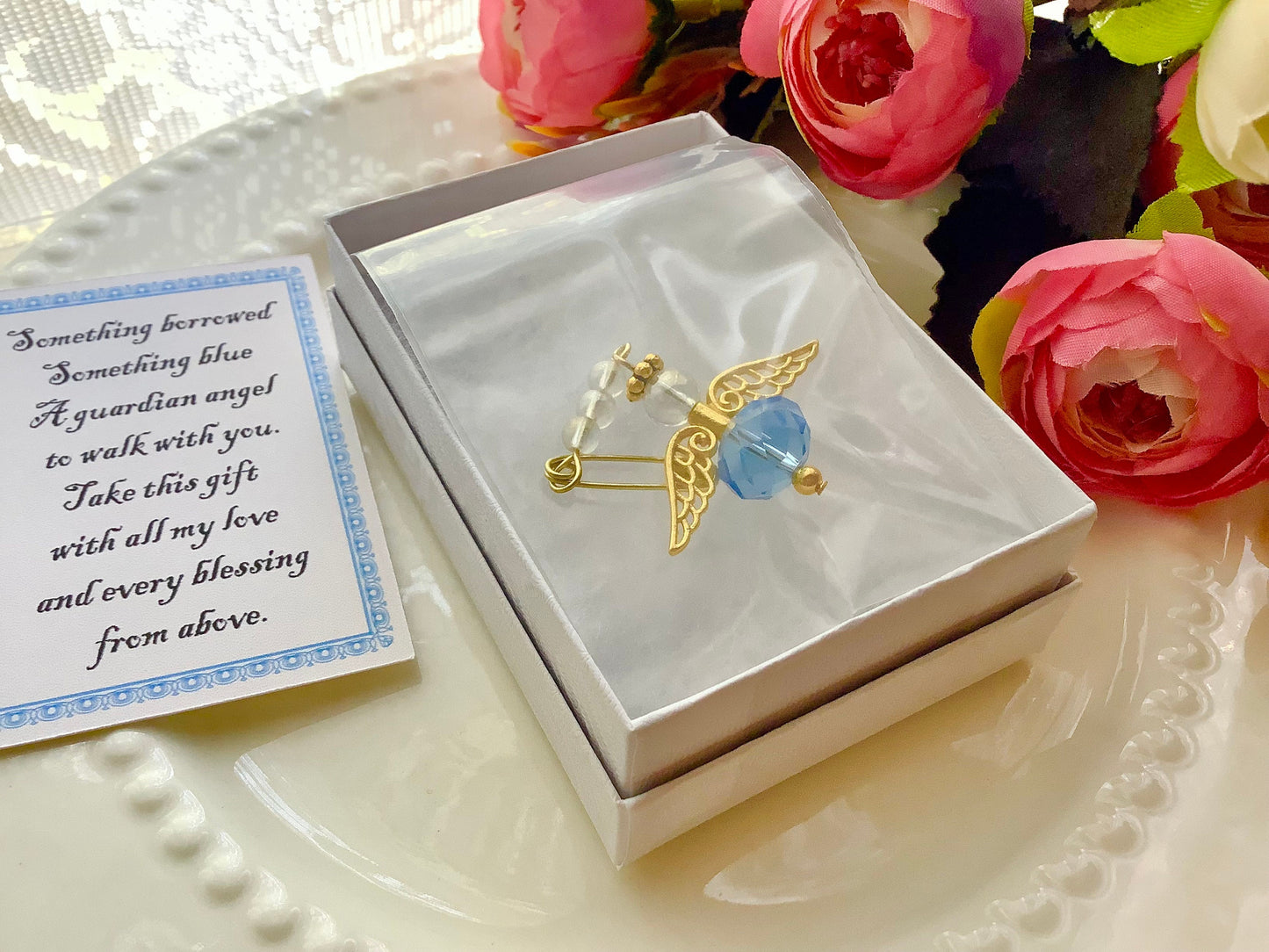 An Angel for the Bride Gift, Something Blue, Wedding Bouquet Charm w/Card, Remembrance Angel, Glass Crystal Beads, Gold or Silver