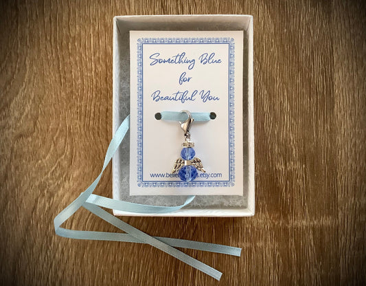 SALE Blue Crystal Angel Bride Gift, Cute Something Blue Wedding Bouquet Angel w/Card Wedding Dress Angel, Guardian Angel Bridal Shower Bride