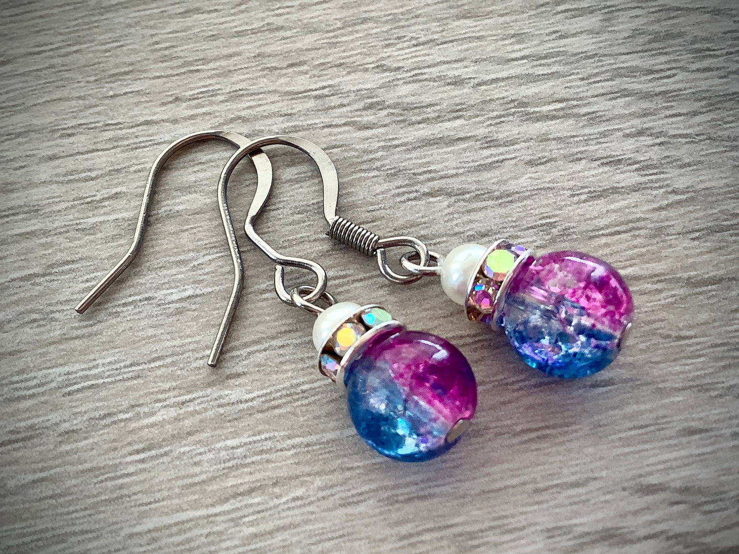 Magenta Blue Crackle Glass Colorful Ball Drop Earrings with Stainless Steel Hooks, Mystical, Magical Earrings