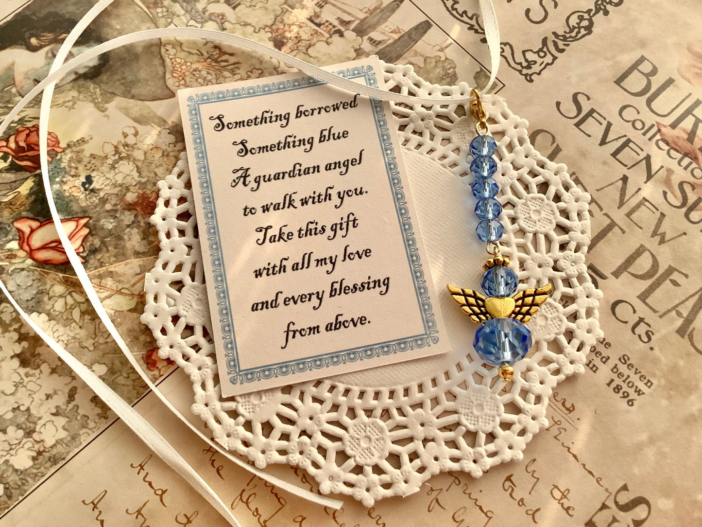 Bouquet Charm, Blue Angel for the bride, something blue wedding day gift guardian Angel charm with ribbon, to carry down the aisle