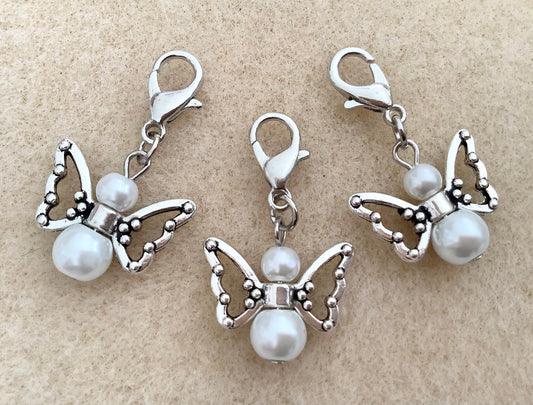 SALE Butterfly Angel Glass Pearl White Silver Zipper Charms Zipper Pulls, Clip on charms with lobster claw clasps, girls charms, gift charms