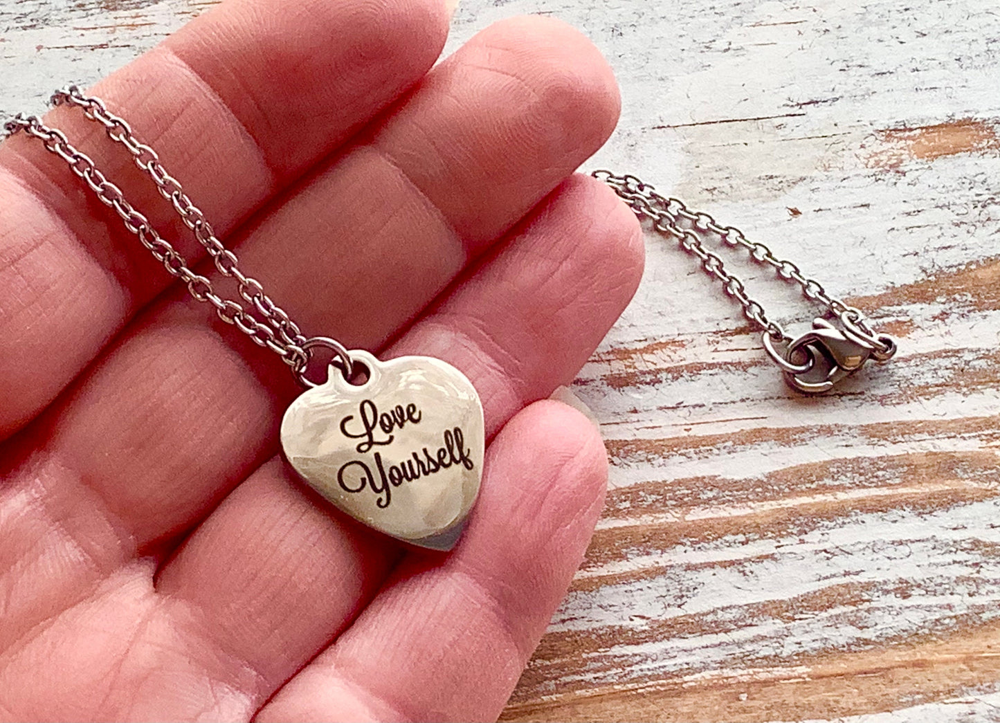 Love Yourself Necklace, 18” Stainless Steel Engraved Heart Pendant Chain, Silver Heart Pendant Necklace, Self Love, Graduation Gift Necklace