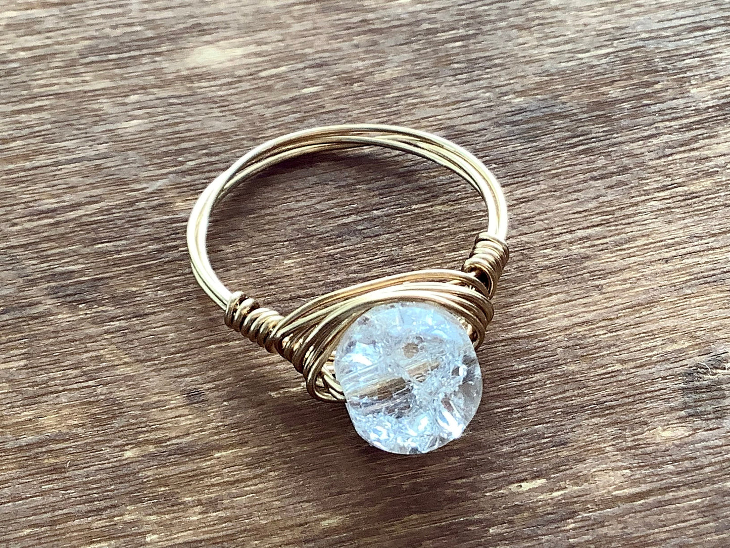 Crystal Ring - Dainty Crackle Glass Crystal Wire Wrapped Ring Gold Tarnish Resistant Brass Wire - Delicate Crystal Ring