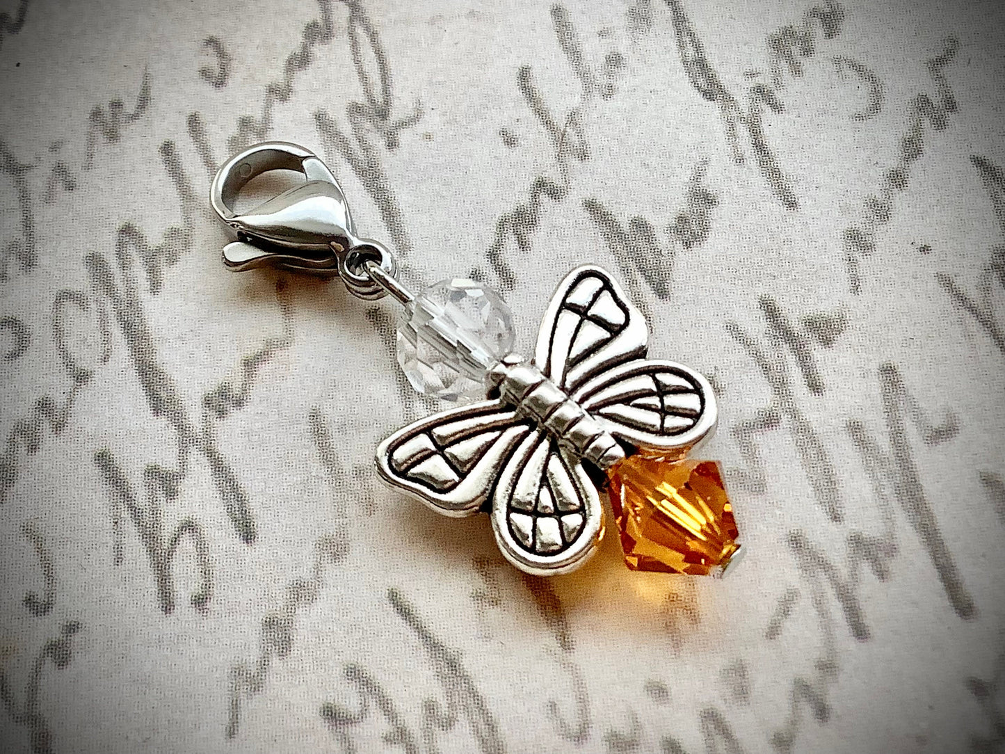 Butterfly charm, Angel Butterfly, November birthday, birthstone charm, Topaz, Amber, Citrine colored bicone crystal, fairy charm for zippers