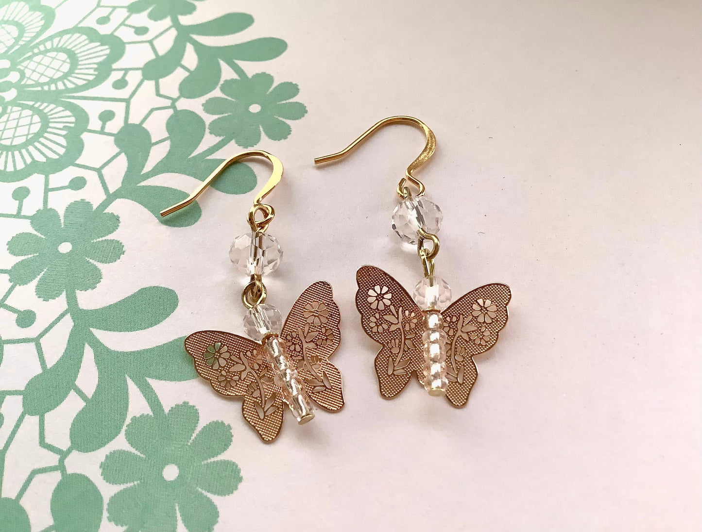 Delicate and dainty butterfly earrings, filigree lace look soft gold-tone butterflies, spring accessories, lightweight hypoallergenic