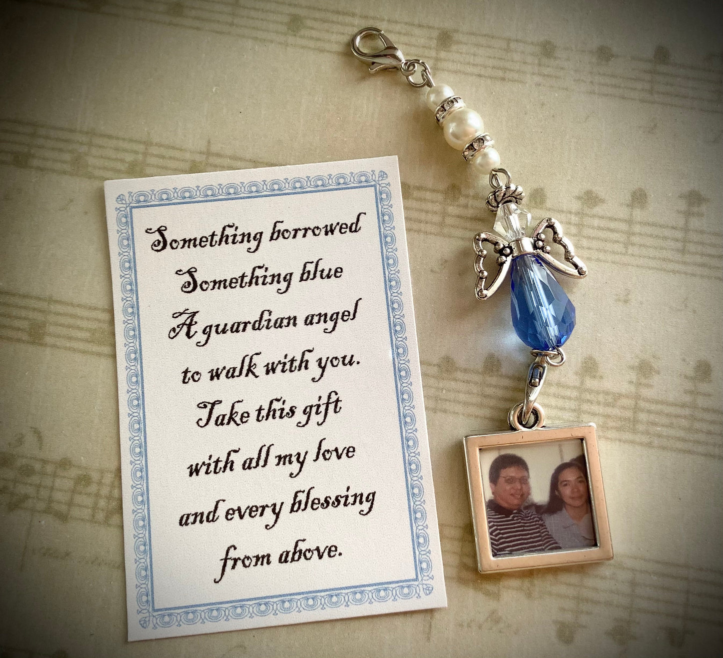 Wedding Bouquet Photo Charm, Something Blue Wedding Bouquet Angel w/Card Wedding Dress Angel, Guardian Angel Bridal Shower Gift, Bride Gift