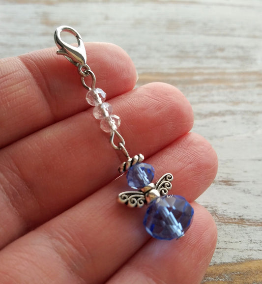 Blue Angel Charm for Bible Case, Purse, Planner Charm, Blue Glass Angel for Bride, Baby Boy, Guardian Angel Charm, Crystal Charm, Shielding