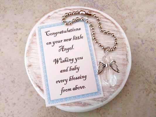 New Baby Gift Keychain, Key Chain Crystal Glass Angel Ball Chain Key Ring, Guardian Angel with Custom Message Saying Baby Boy or Girl Reveal