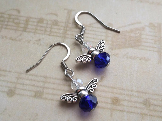 Cobalt Blue Glass Crystal Tiny Angel Earrings with Stainless Steel Earwires, Hypoallergenic Angel Earrings, For Women and Girls, Lightweight