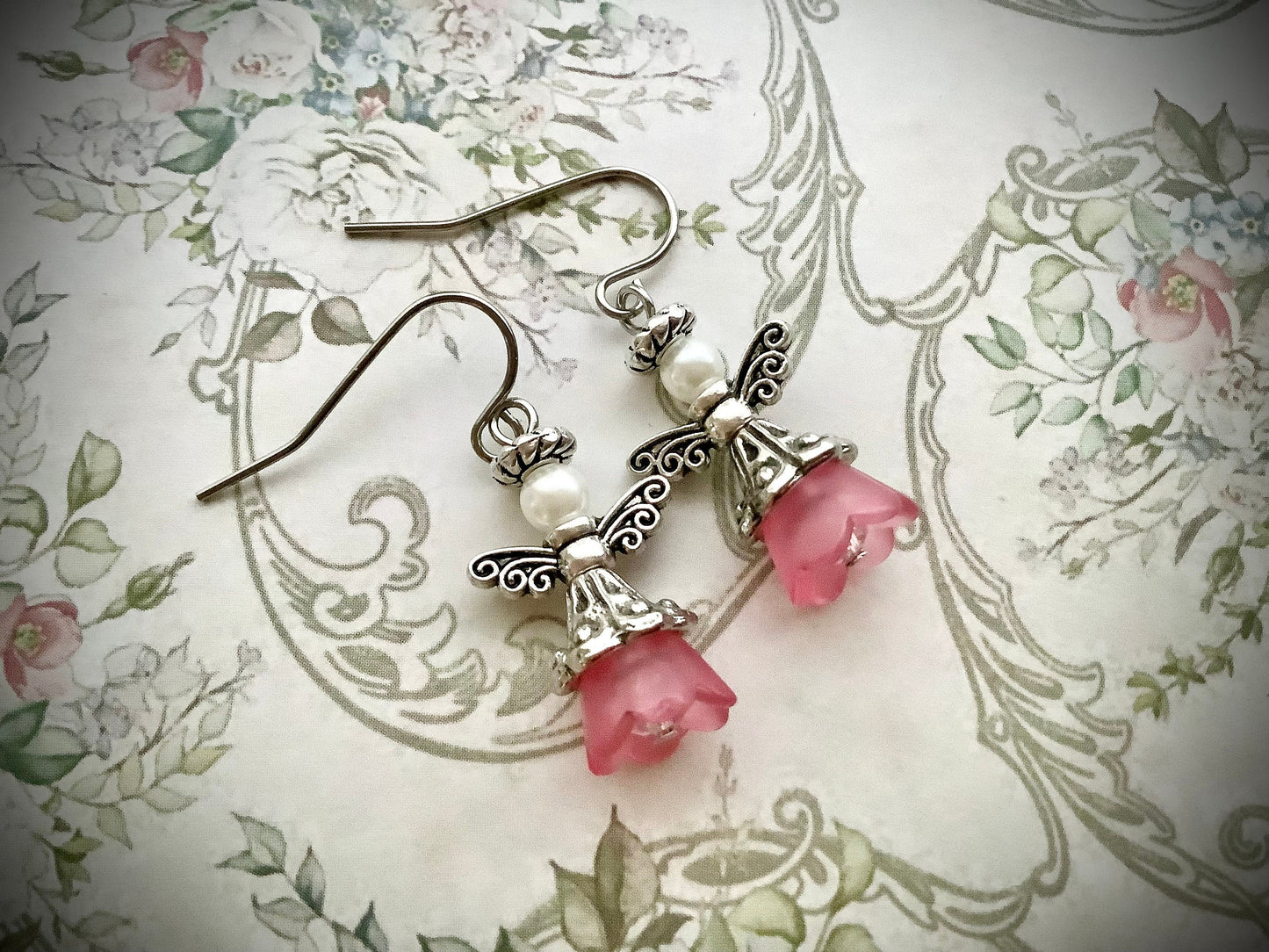 Flower girl earrings, flower fairy angel earrings, pink angel earrings, antique silver, GP stainless steel hooks, angel earrings women girls