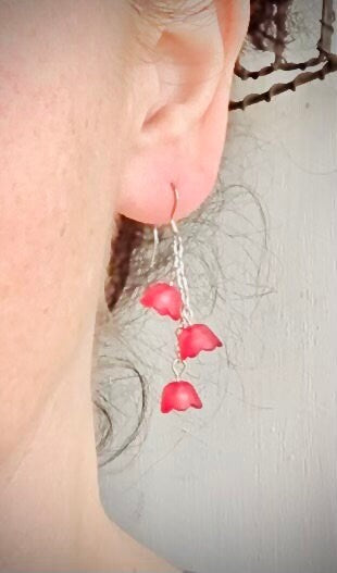 Lucite Flower Earrings, Deep Rich Rosey Pink Lily of the Valley Flower Earrings, Boho Dangle Vintage Style Earrings, Mothers Day Gift