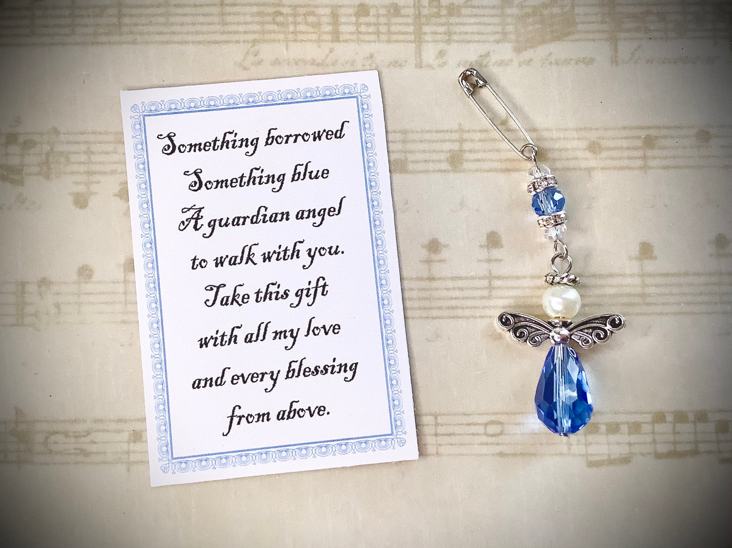 Something Borrowed Something Blue Glass Wedding Bouquet Angel w/Card Wedding Dress Angel, Guardian Angel Bridal Shower, Angel charm or pin