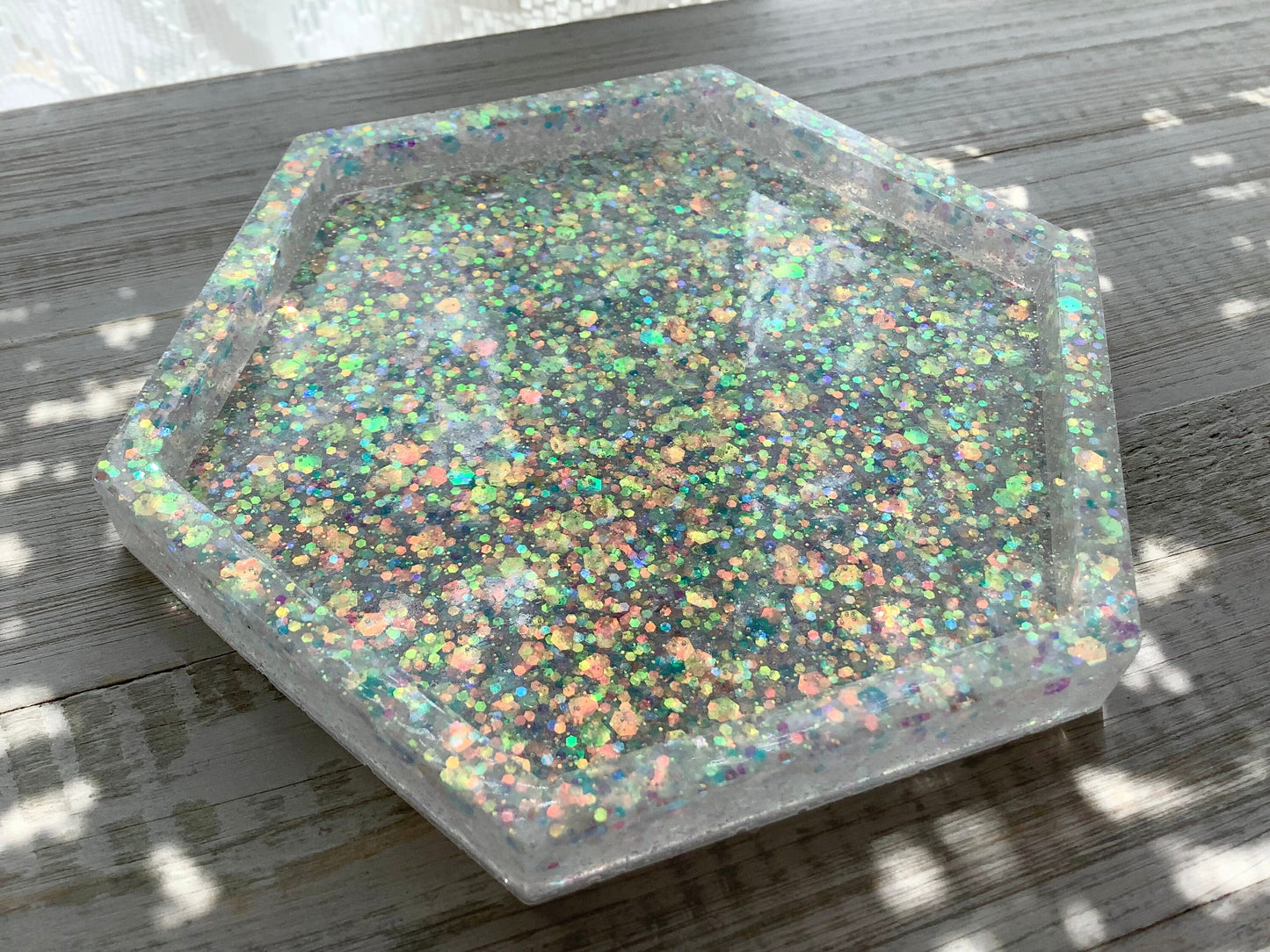 Glittered resin ring dish, decorative geometric dish, hexagon shaped dish, Aurora Borealis glitter