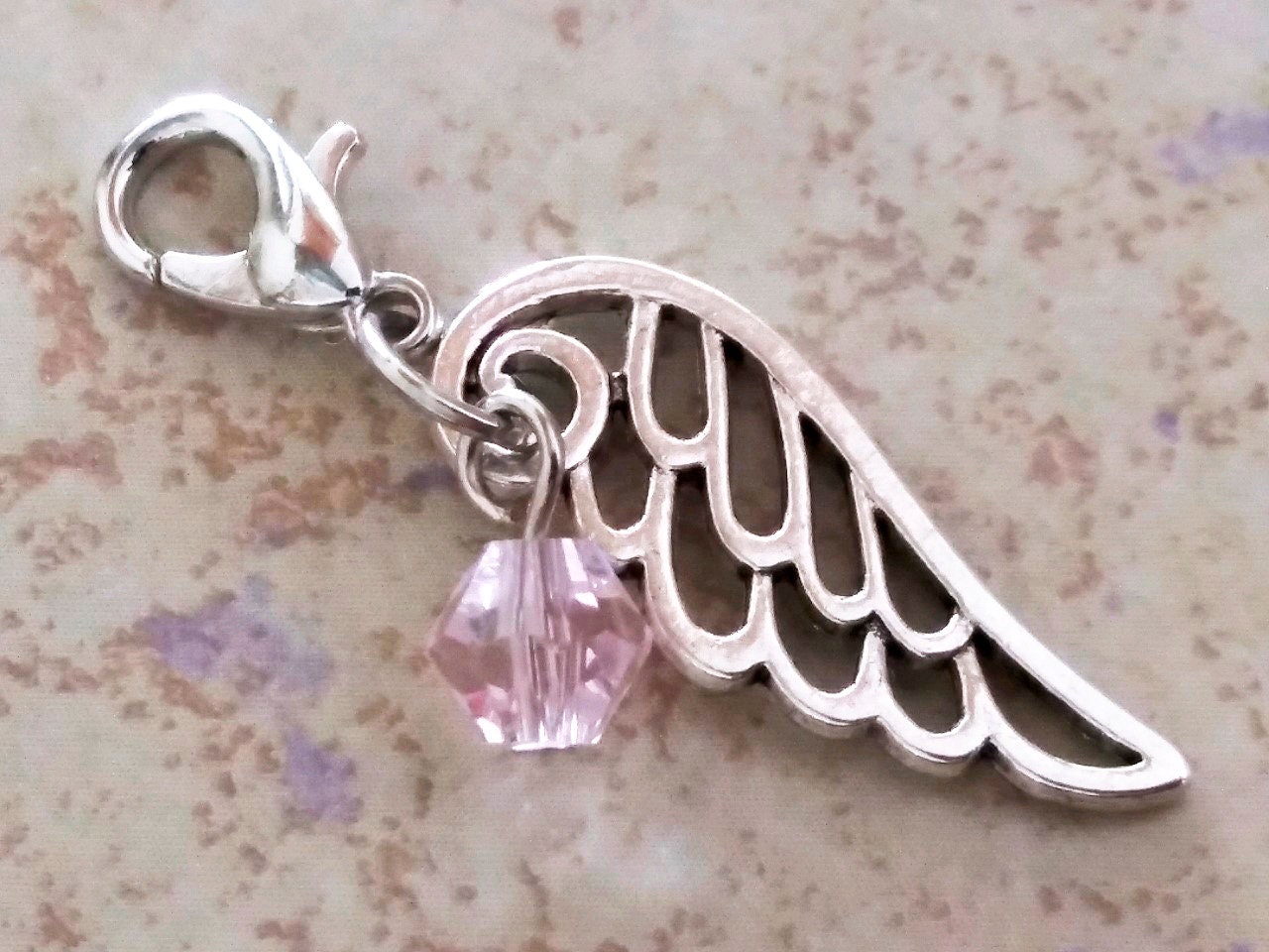 OCTOBER Birthstone Angel Wing Charm with Clip on Lobster Clasp for Bracelet-Tibetan Silver Wing with Pink Glass Bi-cone Crystal-Baby Showers